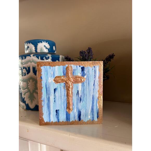 SALE Gold Cross Wood Painting Hand Painted Puffy Wall Art 5 x 5 Block White Blue - Picture 1 of 9